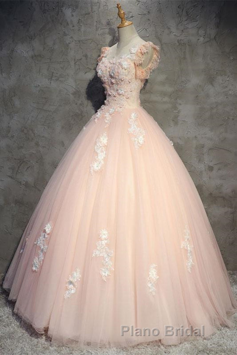 Round Neck Cap Sleeves Lace Pink Long Formal Prom Dress, Pink Lace Formal Dress, Pink Evening Dress, Ball Gown