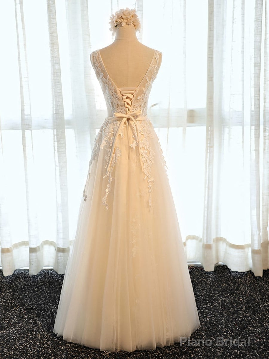 Round Neck Champagne Lace Prom Dresses, Champagne Lace Formal Evening Bridesmaid Dresses