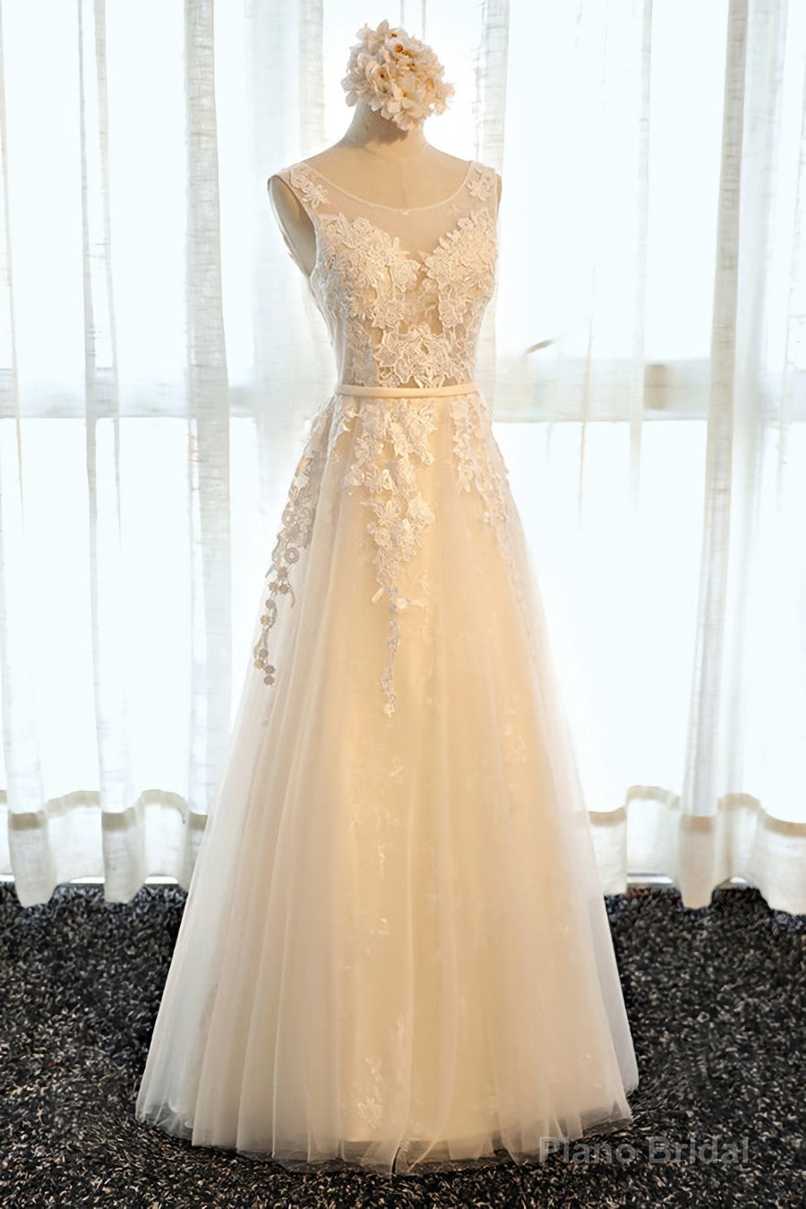 Round Neck Champagne Lace Prom Dresses, Champagne Lace Formal Evening Bridesmaid Dresses Main image