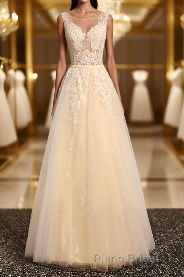 Round Neck Champagne Lace Formal Prom Dresses with Corset Back, Champagne Lace Formal Evening Bridesmaid Dresses Main image