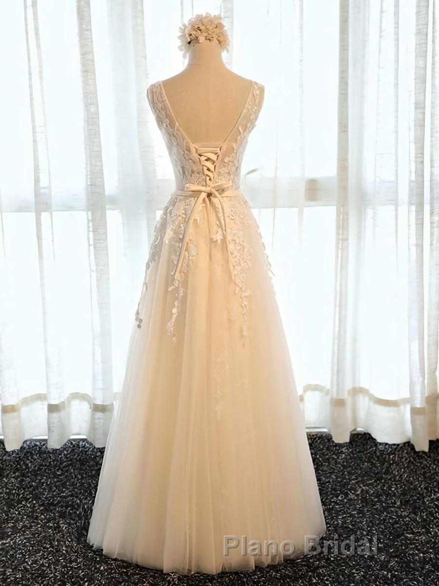 Round Neck Champagne Lace Formal Prom Dresses with Corset Back, Champagne Lace Formal Evening Bridesmaid Dresses Secondary image