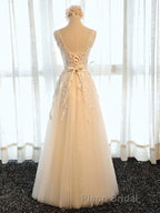 Round Neck Champagne Lace Formal Prom Dresses with Corset Back, Champagne Lace Formal Evening Bridesmaid Dresses