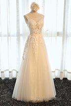 Round Neck Champagne Lace Formal Prom Dresses with Corset Back, Champagne Lace Formal Evening Bridesmaid Dresses