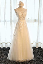 Round Neck Champagne Lace Formal Prom Dresses with Corset Back, Champagne Lace Formal Evening Bridesmaid Dresses