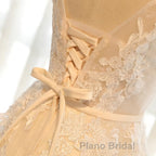 Round Neck Champagne Lace Formal Prom Dresses with Corset Back, Champagne Lace Formal Evening Bridesmaid Dresses