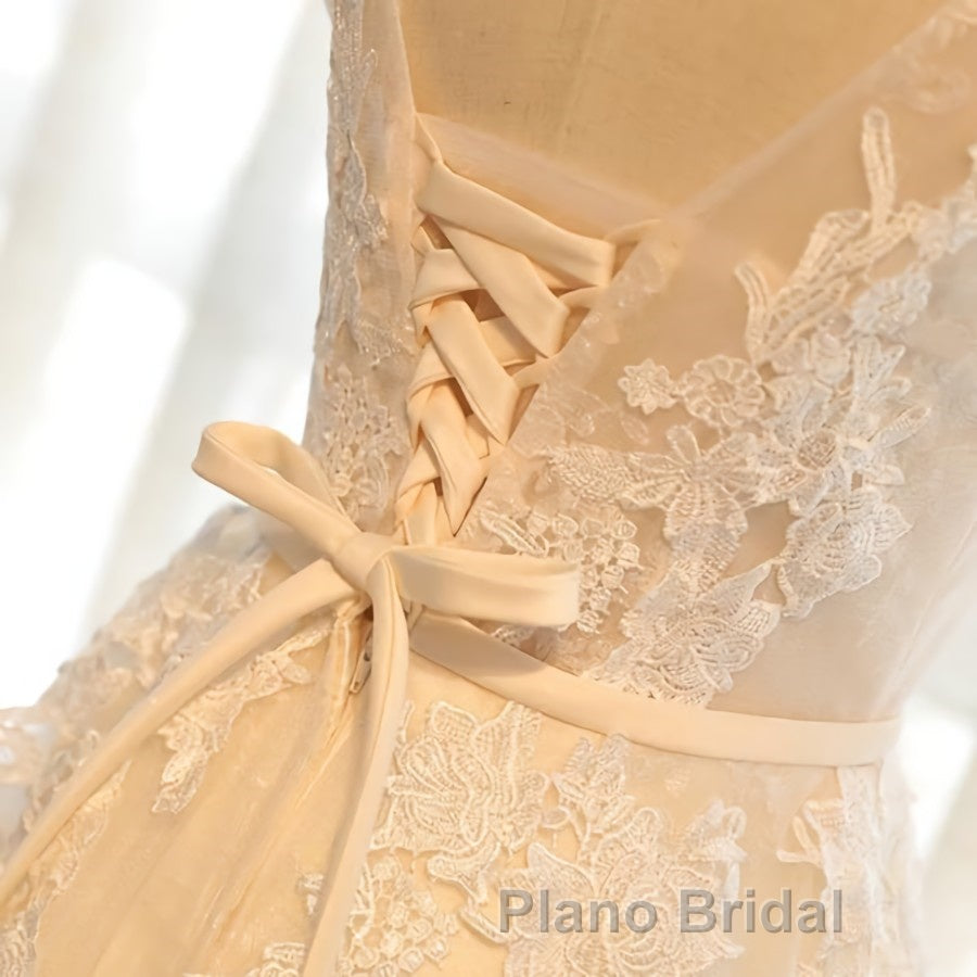 Round Neck Champagne Lace Formal Prom Dresses with Corset Back, Champagne Lace Formal Evening Bridesmaid Dresses