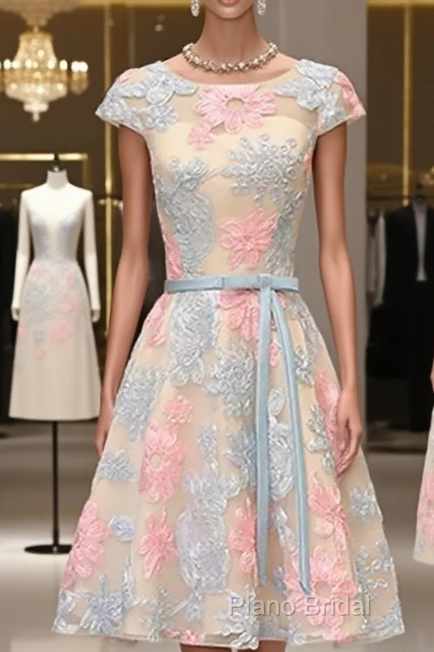 Round Neck Colorful Short Cap Sleeves Lace Formal Prom Dresses, Short Colorful Lace Graduation Homecoming Dresses Main image