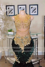 Round Neck Dark Green Mermaid Court Train Sleeveless Prom Dresses