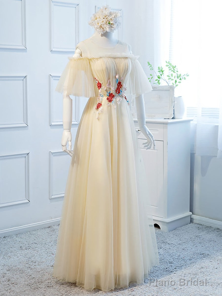 Round Neck Floral Champagne Long Prom Dress, Champagne Long Formal Bridesmaid Dresses Main image