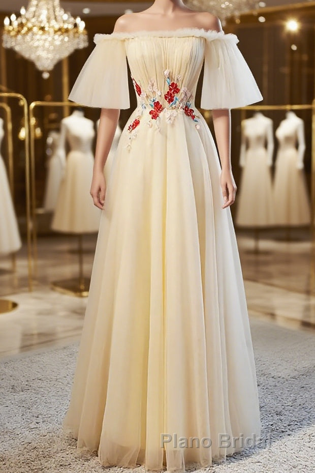 Round Neck Floral Champagne Long Formal Prom Dress with Corset Back, Champagne Long Formal Bridesmaid Dresses