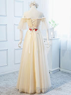 Round Neck Floral Champagne Long Formal Prom Dress with Corset Back, Champagne Long Formal Bridesmaid Dresses