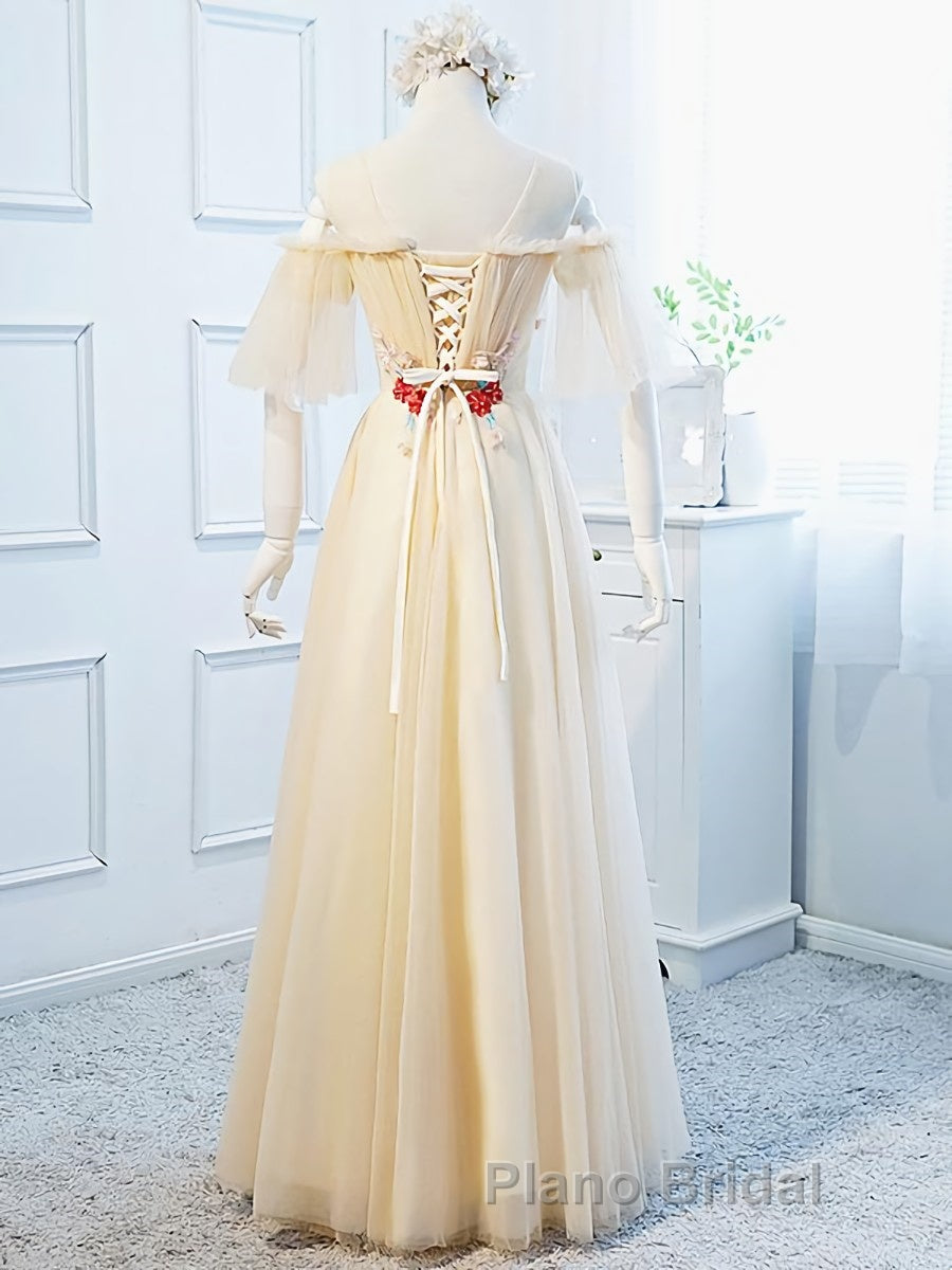 Round Neck Floral Champagne Long Formal Prom Dress with Corset Back, Champagne Long Formal Bridesmaid Dresses
