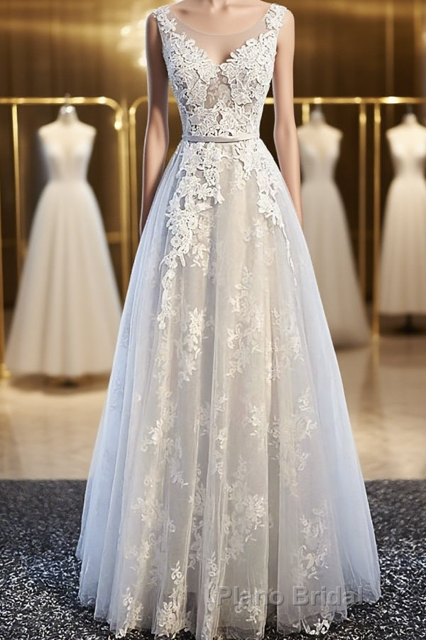 Round Neck Gray Lace Formal Prom Dresses with Corset Back, Gray Lace Formal Evening Bridesmaid Dresses