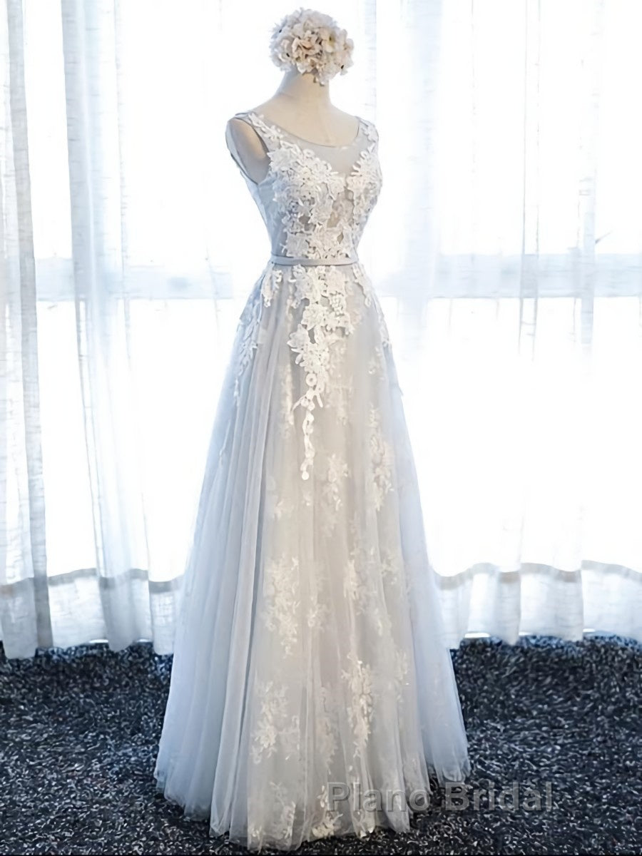 Round Neck Gray Lace Formal Prom Dresses with Corset Back, Gray Lace Formal Evening Bridesmaid Dresses