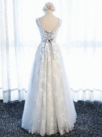 Round Neck Gray Lace Formal Prom Dresses with Corset Back, Gray Lace Formal Evening Bridesmaid Dresses