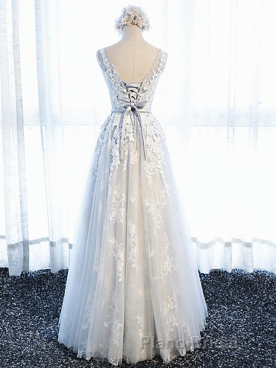 Round Neck Gray Lace Formal Prom Dresses with Corset Back, Gray Lace Formal Evening Bridesmaid Dresses