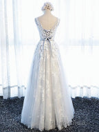 Round Neck Gray Lace Formal Prom Dresses with Corset Back, Gray Lace Formal Evening Bridesmaid Dresses