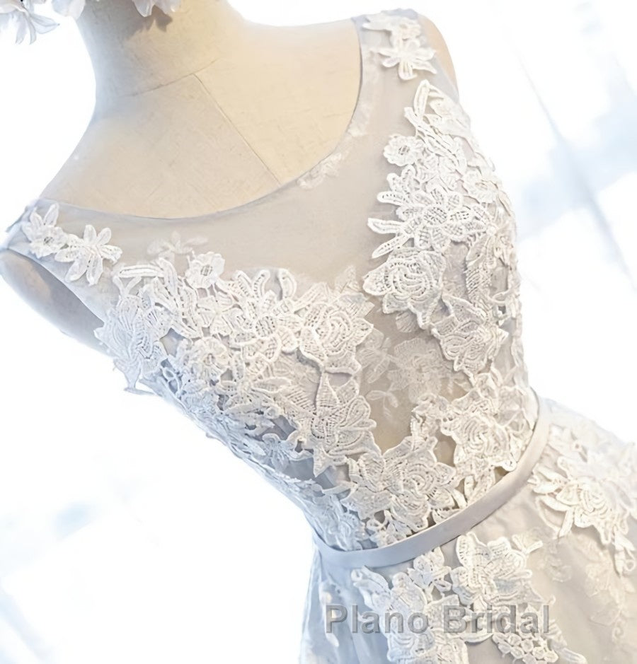 Round Neck Gray Lace Formal Prom Dresses with Corset Back, Gray Lace Formal Evening Bridesmaid Dresses