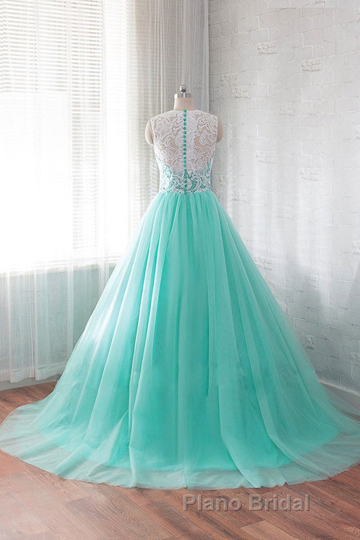 Round Neck Green Lace Tulle Long Formal Prom Dresses, Green Lace Formal Dresses, Green Evening Dresses Secondary image