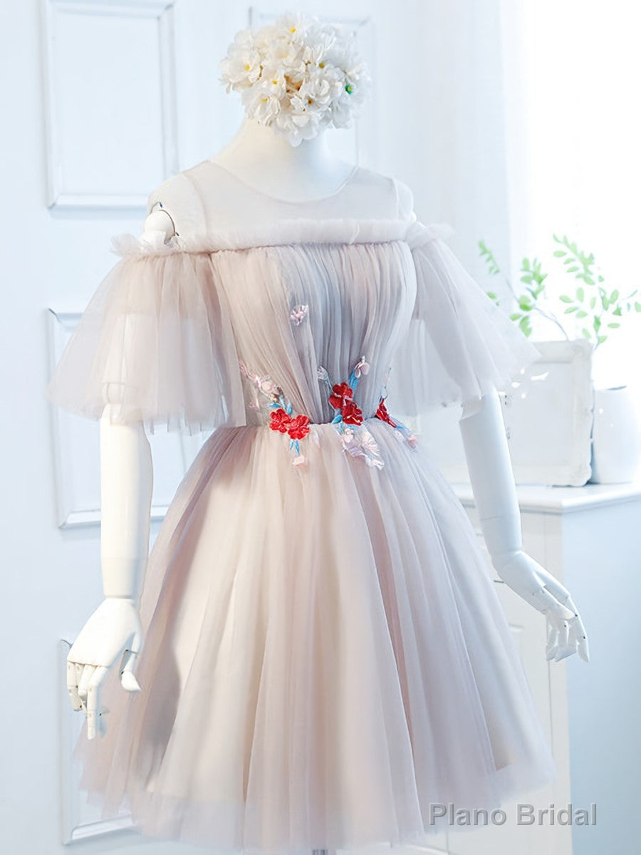 Round Neck Half Sleeves Short Pink Prom Dresses, Half Sleeves Short Pink Graduation Bridesmaid Dresses Main image