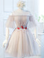 Round Neck Half Sleeves Short Pink Prom Dresses, Half Sleeves Short Pink Graduation Bridesmaid Dresses