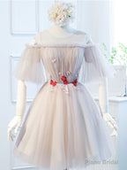 Round Neck Half Sleeves Short Pink Prom Dresses, Half Sleeves Short Pink Graduation Bridesmaid Dresses