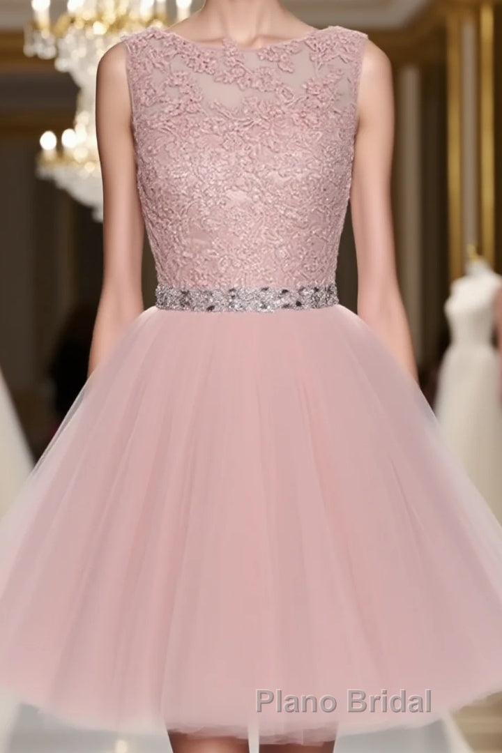Round Neck Lace Short Pink Formal Prom Dresses, Pink Homecoming Dresses, Short Pink Formal Dresses Main image