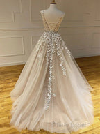 Round Neck Long Champagne Lace Wedding Dresses, Champagne Lace Formal Prom Formal Dresses
