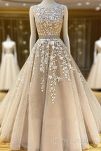 Round Neck Long Champagne Lace Wedding Dresses, Champagne Lace Formal Prom Formal Dresses