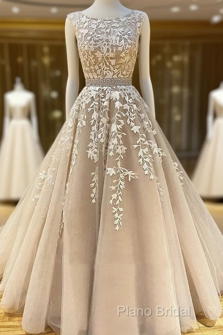 Round Neck Long Champagne Lace Wedding Dresses, Champagne Lace Formal Prom Formal Dresses