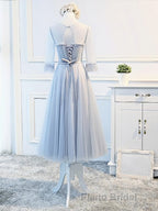 Round Neck Long Sleeves Blue Formal Prom Dresses, Long Sleeves Blue Formal Bridesmaid Evening Dresses