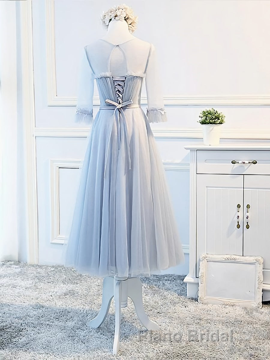 Round Neck Long Sleeves Blue Formal Prom Dresses, Long Sleeves Blue Formal Bridesmaid Evening Dresses Secondary image