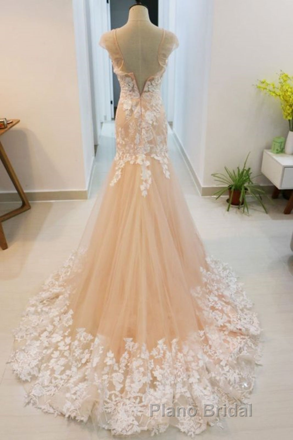 Round Neck Mermaid Champagne Lace Long Formal Prom Dress, Mermaid Champagne Formal Dress, Champagne Lace Evening Dress