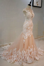 Round Neck Mermaid Champagne Lace Long Formal Prom Dress, Mermaid Champagne Formal Dress, Champagne Lace Evening Dress