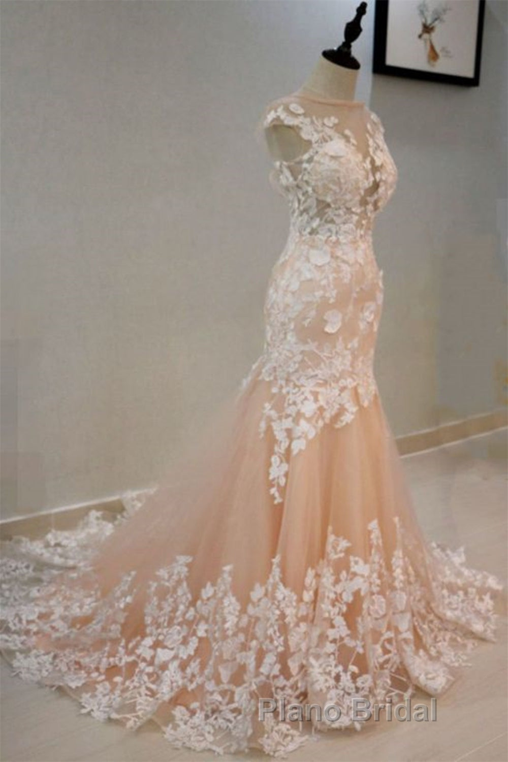 Round Neck Mermaid Champagne Lace Long Formal Prom Dress, Mermaid Champagne Formal Dress, Champagne Lace Evening Dress