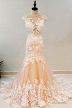 Round Neck Mermaid Champagne Lace Long Prom Dresses,Sexy Formal Dress,Graduation Dresses