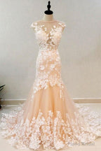 Round Neck Mermaid Champagne Lace Long Prom Dresses,Sexy Formal Dress,Graduation Dresses