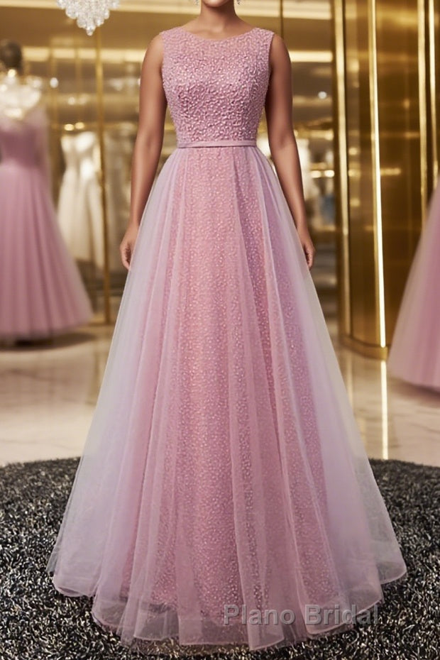 Round Neck Pink Beaded Long Formal Prom Dresses, Pink Long Formal Evening Dresses Main image