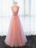 Round Neck Pink Beaded Long Formal Prom Dresses, Pink Long Formal Evening Dresses
