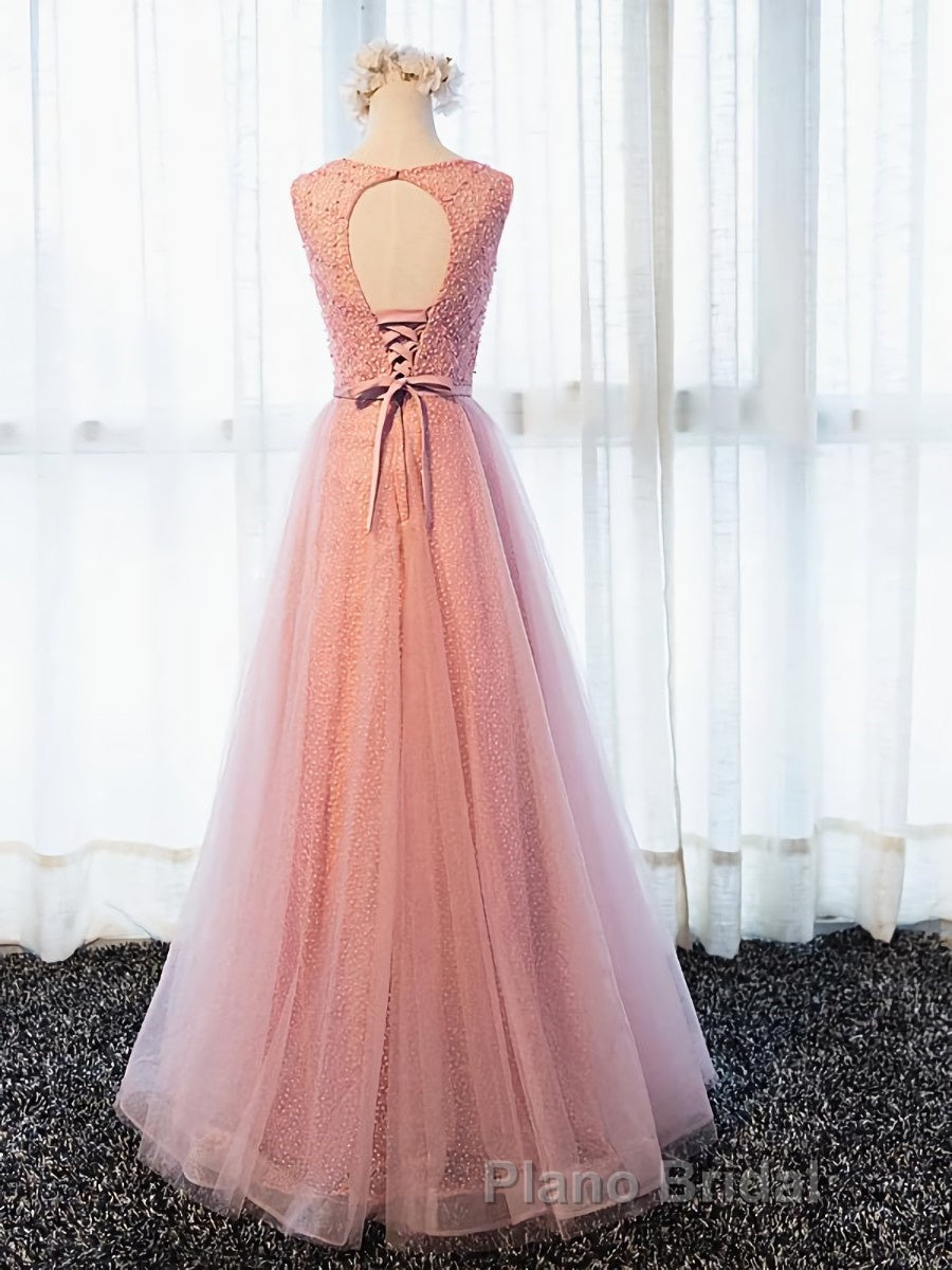 Round Neck Pink Beaded Long Formal Prom Dresses, Pink Long Formal Evening Dresses