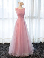 Round Neck Pink Beaded Long Formal Prom Dresses, Pink Long Formal Evening Dresses