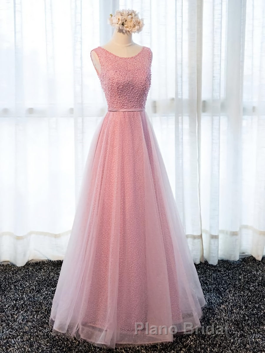 Round Neck Pink Beaded Long Formal Prom Dresses, Pink Long Formal Evening Dresses