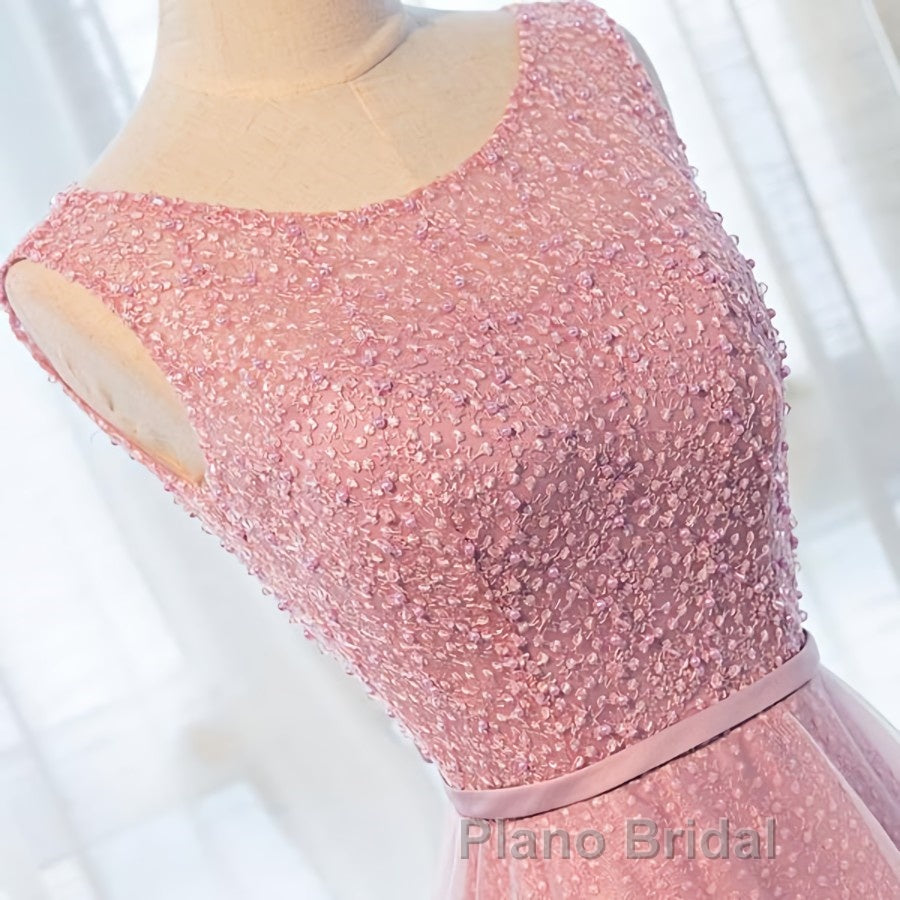 Round Neck Pink Beaded Long Formal Prom Dresses, Pink Long Formal Evening Dresses
