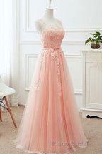 Round Neck Pink Lace Long Formal Prom Dresses, Pink Lace Bridesmaid Dresses