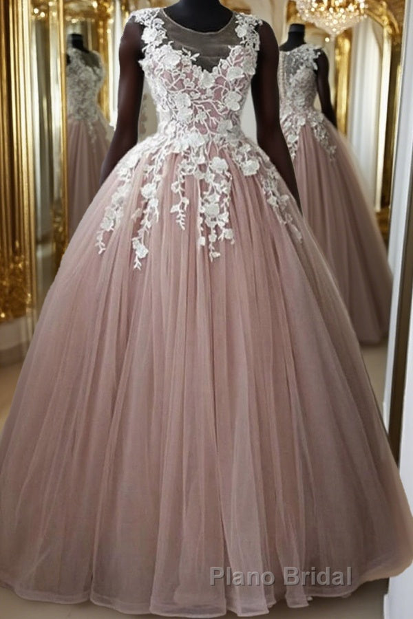Round Neck Pink Lace Long Formal Prom Gown, Long Pink Lace Formal Prom Formal Evening Dress, Pink Ball Gown Main image