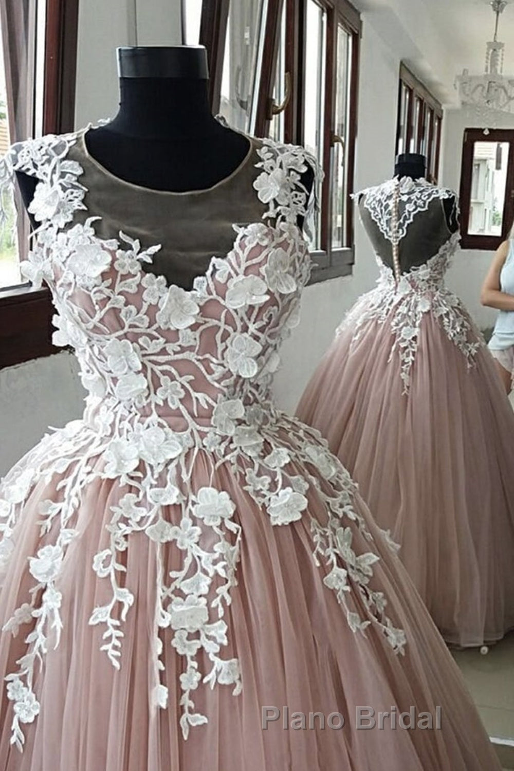 Round Neck Pink Lace Long Formal Prom Gown, Long Pink Lace Formal Prom Formal Evening Dress, Pink Ball Gown Secondary image