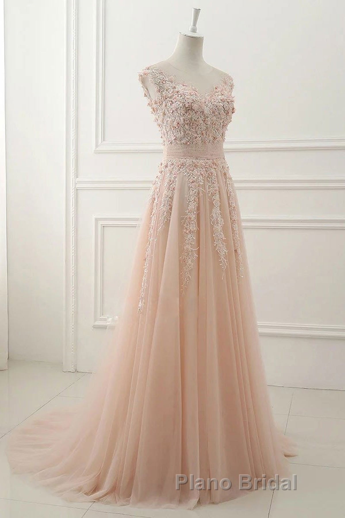 Round Neck Pink Lace Formal Prom Dresses, Pink Lace Formal Evening Dresses