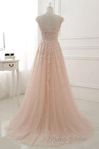 Round Neck Pink Lace Formal Prom Dresses, Pink Lace Formal Evening Dresses