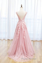 Round Neck Pink Lace Formal Prom Dresses, Pink Lace Long Formal Evening Dresses