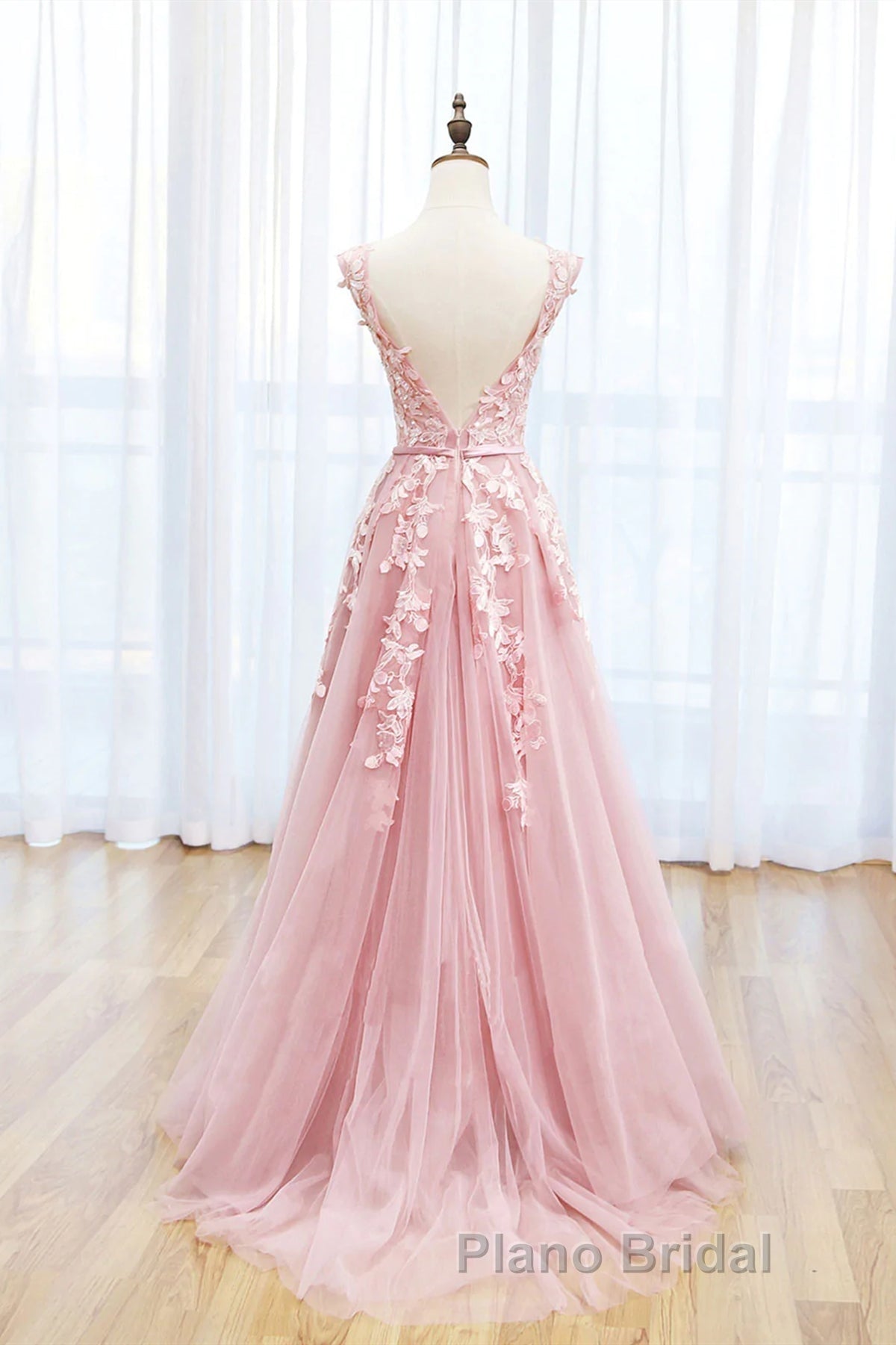 Round Neck Pink Lace Formal Prom Dresses, Pink Lace Long Formal Evening Dresses